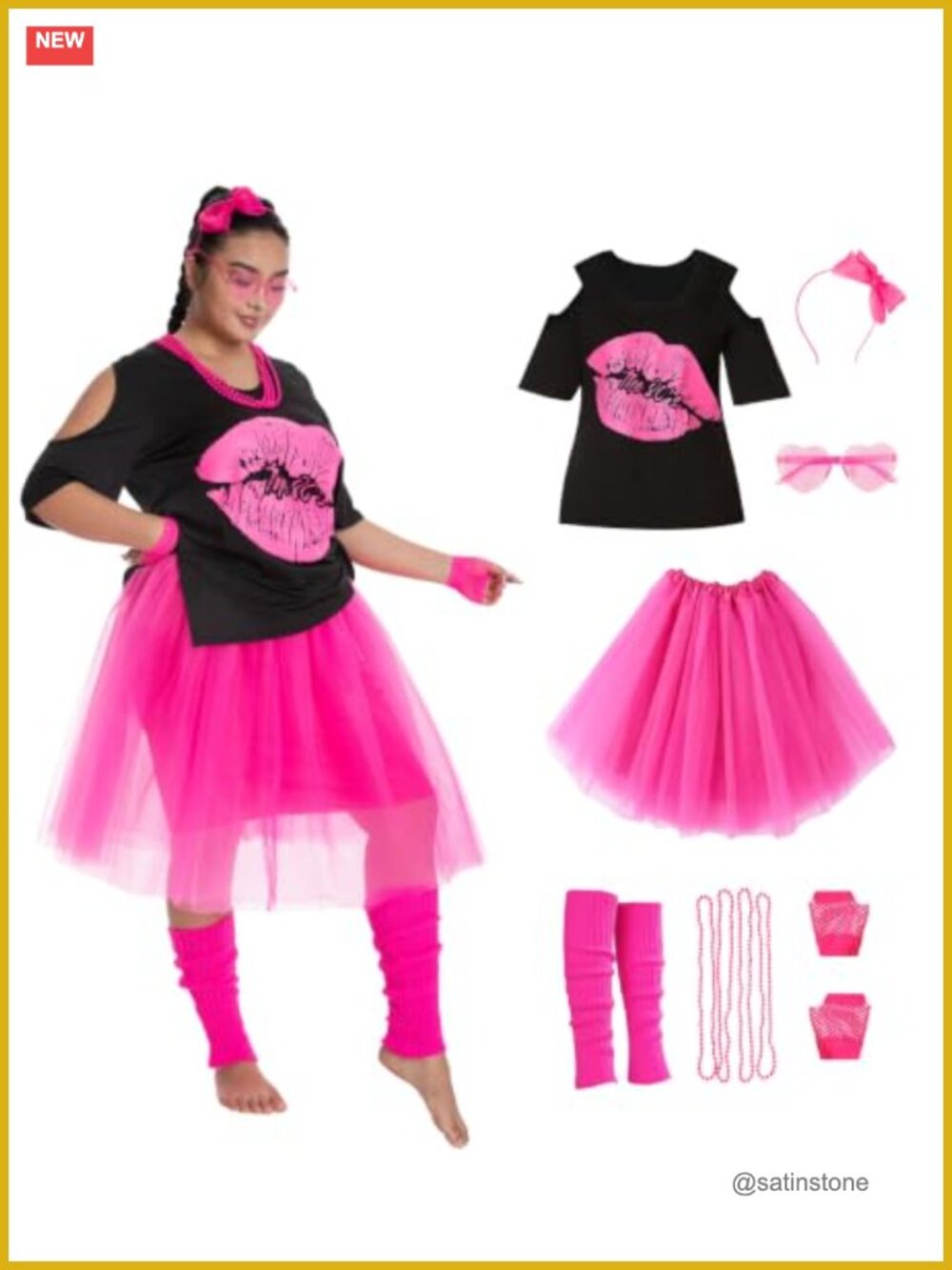 80s Retro Halloween Costume Set Cold Shoulder Tee Tutu Skirt Women